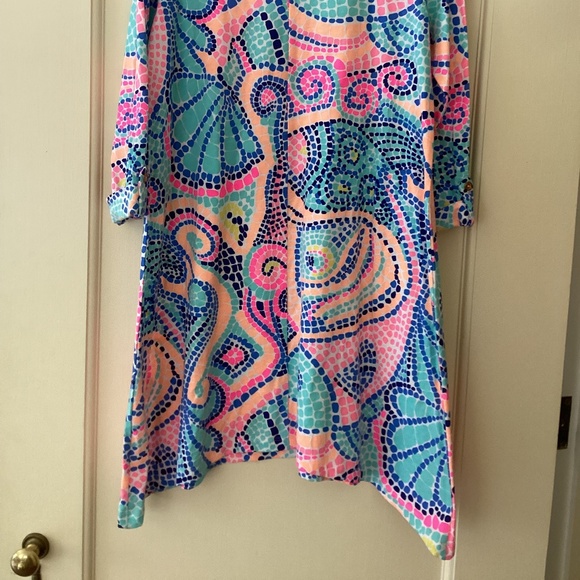 Lilly Pulitzer Edna Swing Dress Tile Wave Reduced Multi Asymmetrical Hem 3/4 Slv - Picture 4 of 13